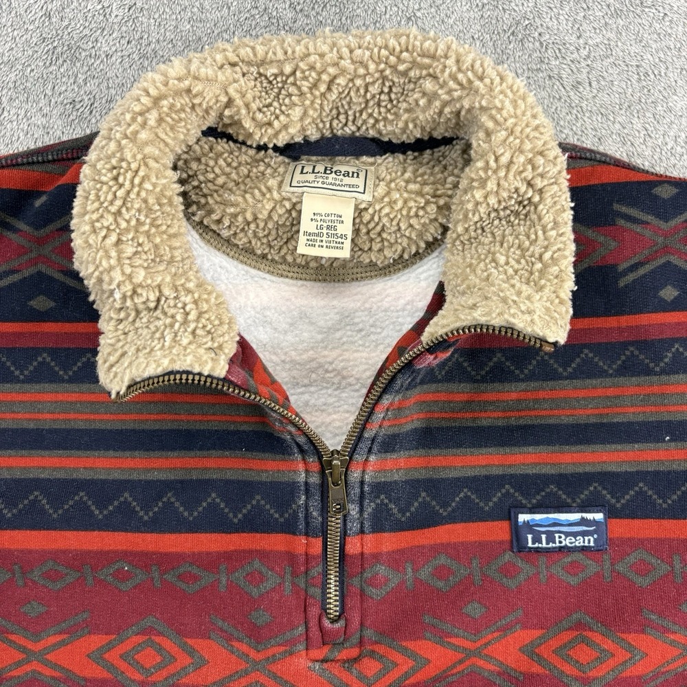 Vintage LL Bean Fleece Pullover Mens Large  Woven Aztec 1/4 Zip Sweater